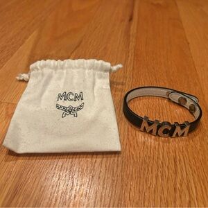 MCM Black Leather Bracelet with Gold Logo